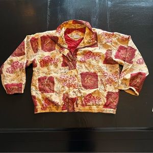 Vintage 100% Silk Zip Up Spring Windbreaker Cream Floral Bomber Look Maroon